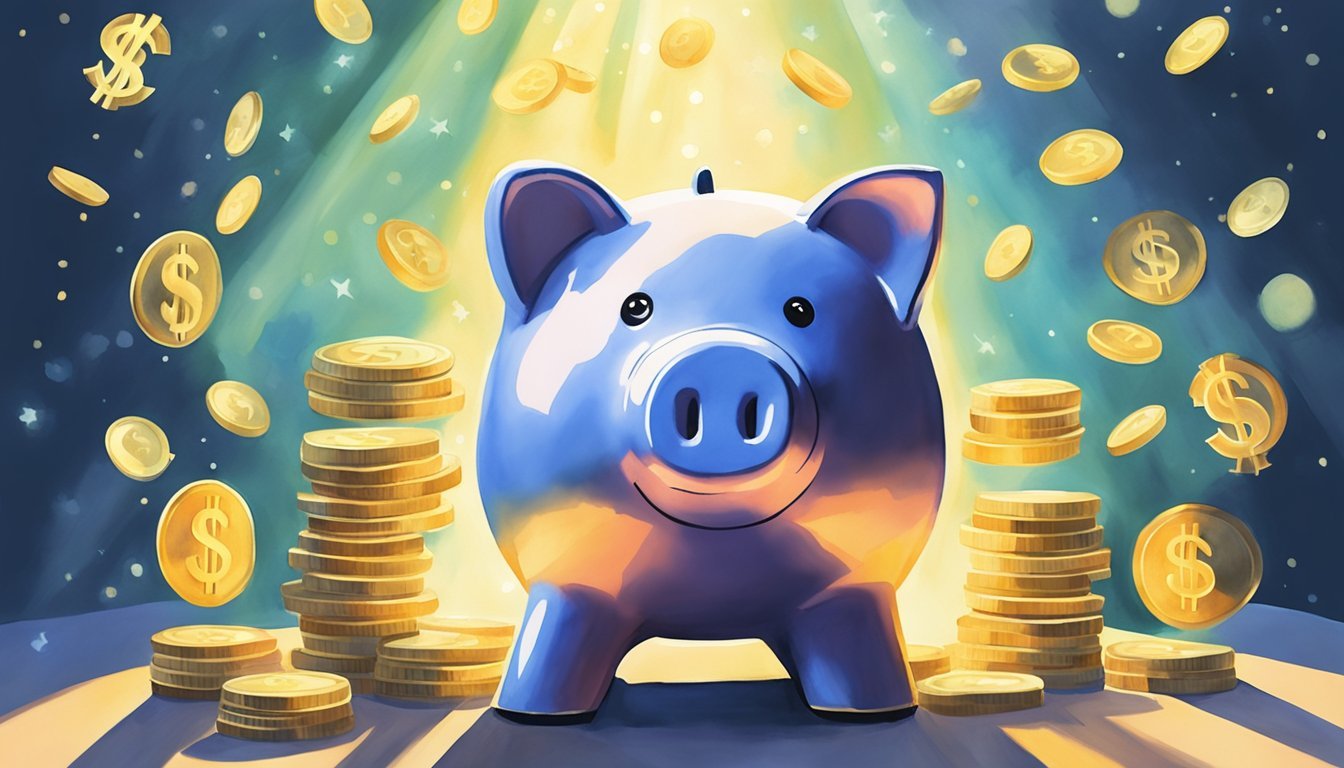 A piggy bank surrounded by dollar signs, with a beam of light shining on it, representing the concept of better interest rates and the benefits of high-yield savings accounts