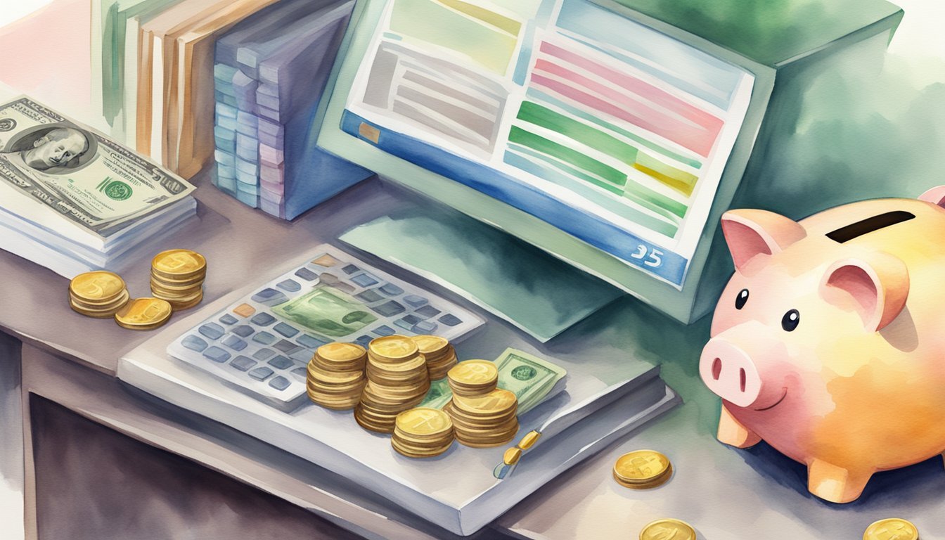 A stack of coins and dollar bills being deposited into a piggy bank.</p><p>A computer screen displaying a savings account balance increasing