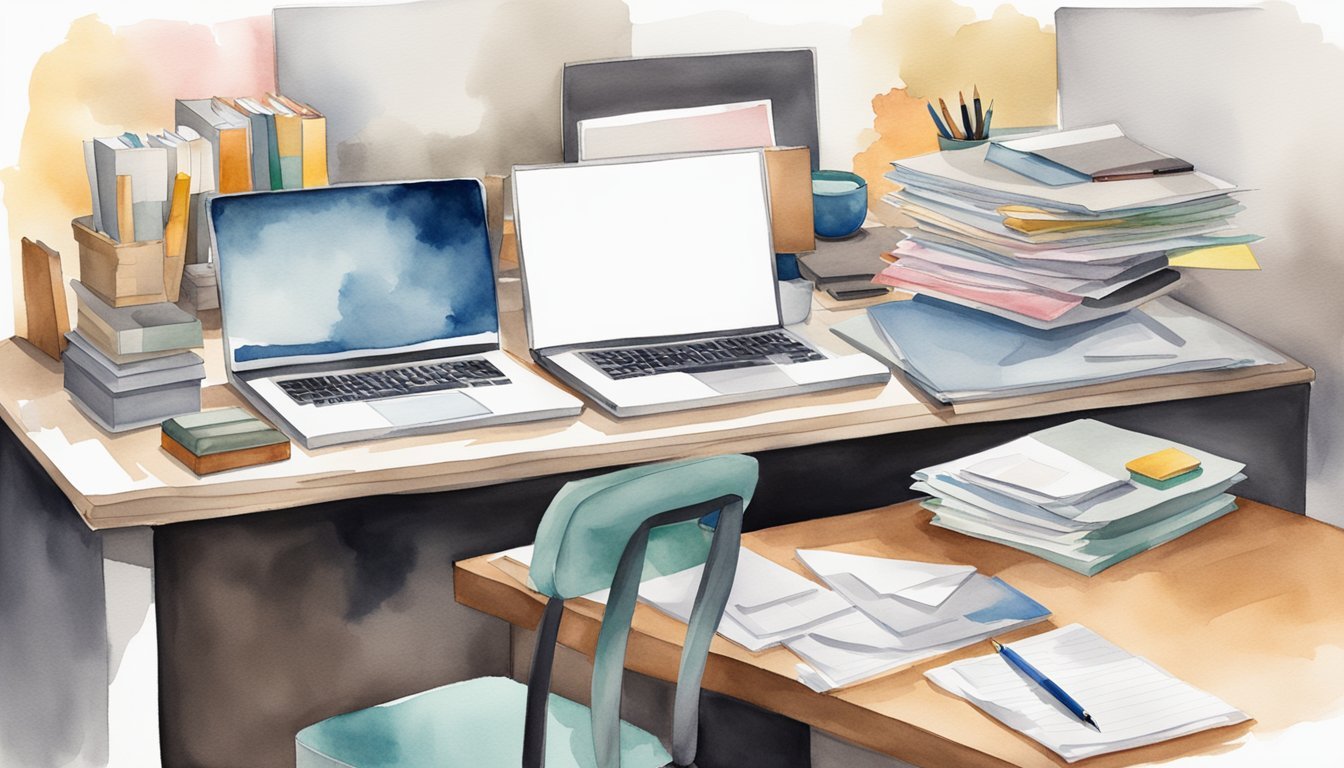 A desk split in half, one side cluttered with papers and a laptop for freelancing, the other side neat with a desktop computer and office supplies for a full-time job.</p><p>The contrast symbolizes the pros and cons of each work arrangement