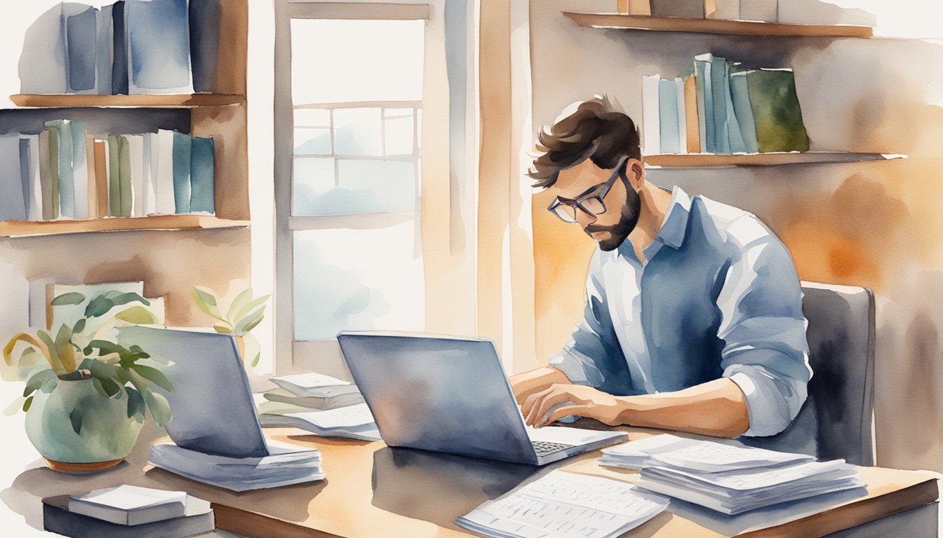 A person working on a laptop at home, surrounded by paperwork and a calendar, with a visible struggle between balancing work and personal time