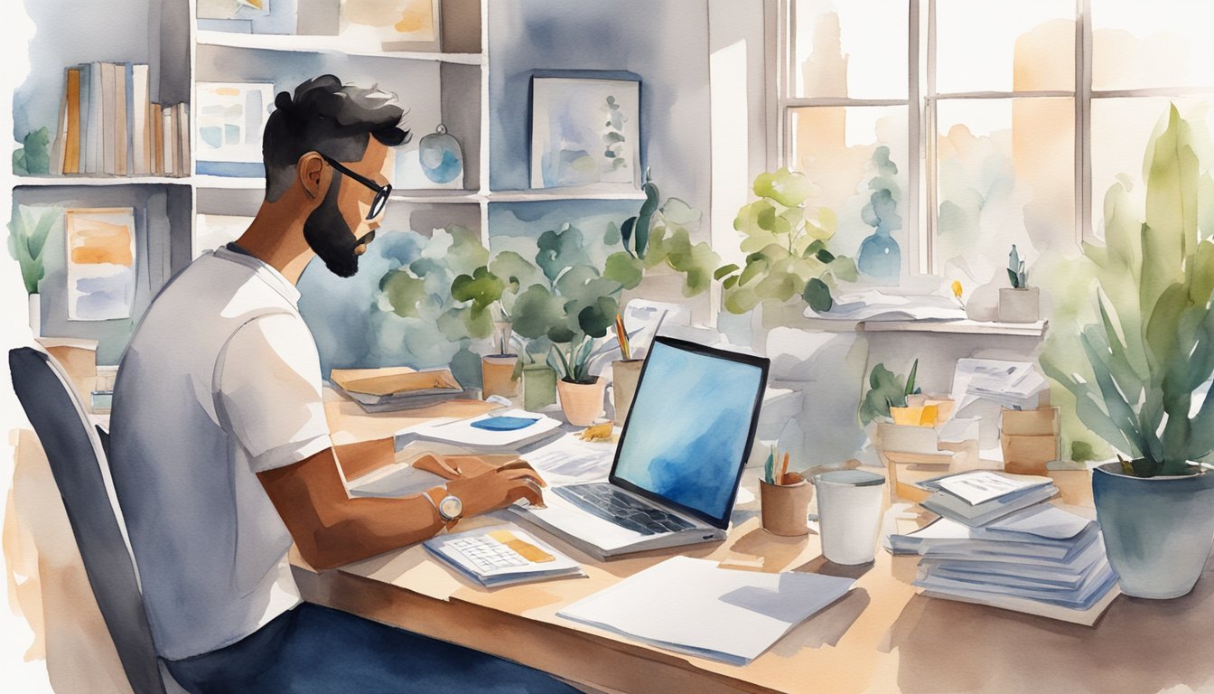 A freelancer working at a desk with a laptop, surrounded by flexible work hours, varied projects, and potential income fluctuations.</p><p>Opposite, a full-time employee at a desk with steady hours, benefits, and job security