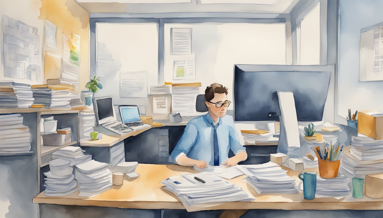 A freelancer sits at a desk with a laptop, surrounded by stacks of papers and a calculator.</p><p>On the other side, a full-time employee works in a cubicle with a computer and office supplies