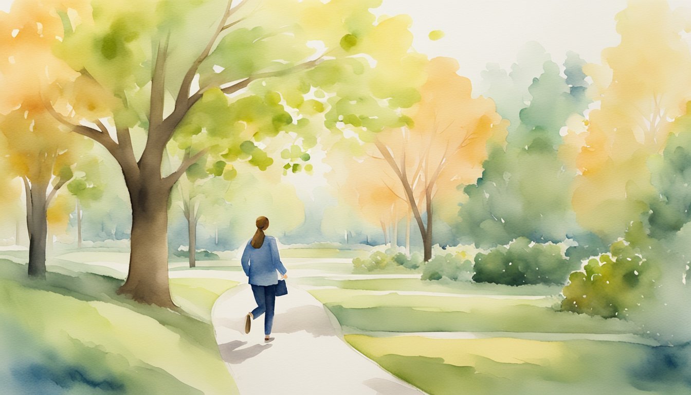 A person happily strolling through a park, avoiding high-interest debt by using a map to navigate towards financial freedom