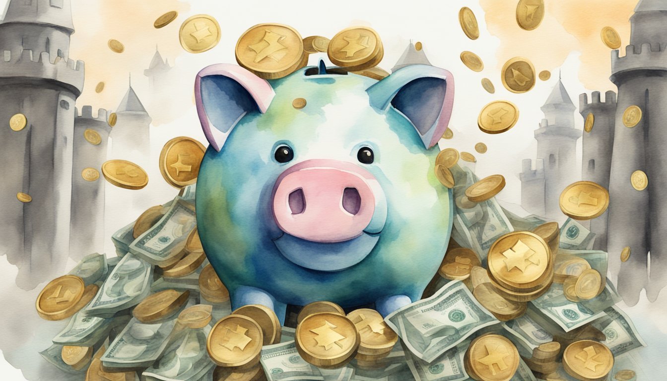 A piggy bank surrounded by a fortress of shields, representing protection from high-interest debt.</p><p>Coins and dollar bills are shown being safely deposited into the piggy bank