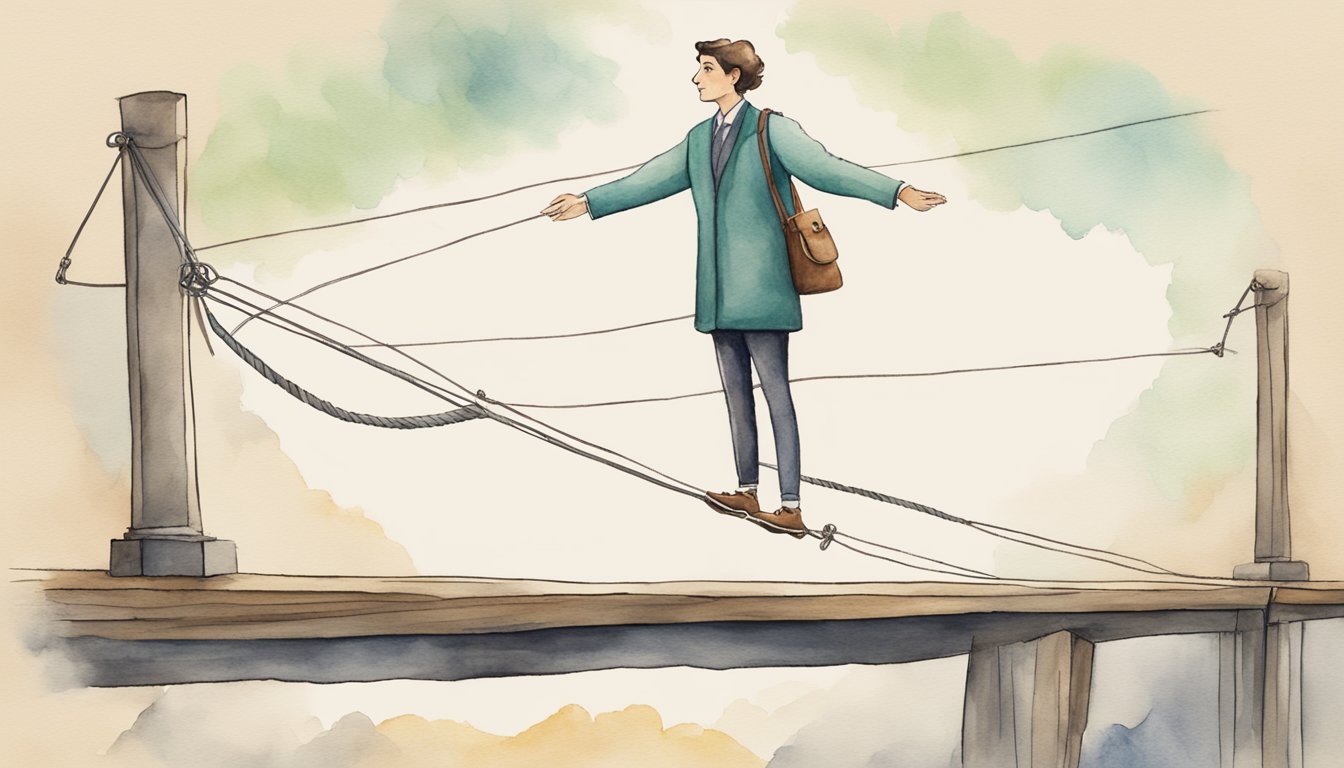 A person standing on a tightrope, with one end labeled "Understanding High-Interest Debt" and the other end labeled "7 Ways To Avoid High-Interest Debt." The person is carefully balancing on the rope, symbolizing the delicate balance of