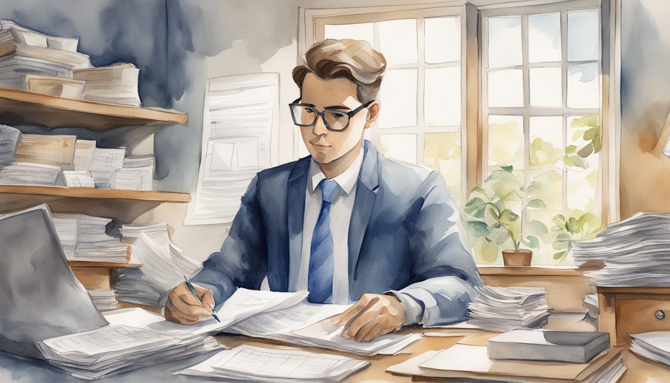 A person sitting at a desk, surrounded by financial documents and a calculator.</p><p>They are brainstorming and writing down different strategies to repay their debts and avoid high-interest loans