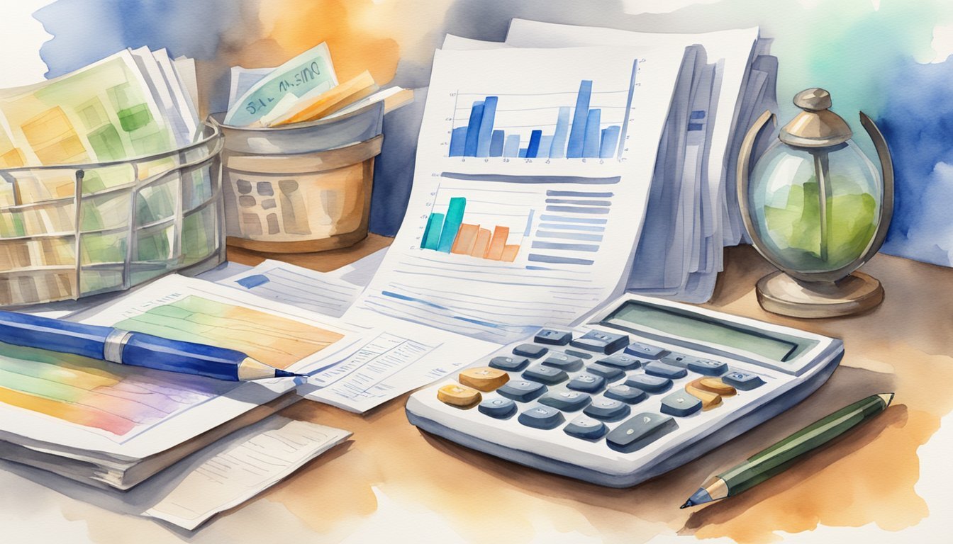 A diverse group of financial documents and charts, with a calculator and pen, surrounded by a barrier of high fees being blocked by a shield labeled "Smart Investing."