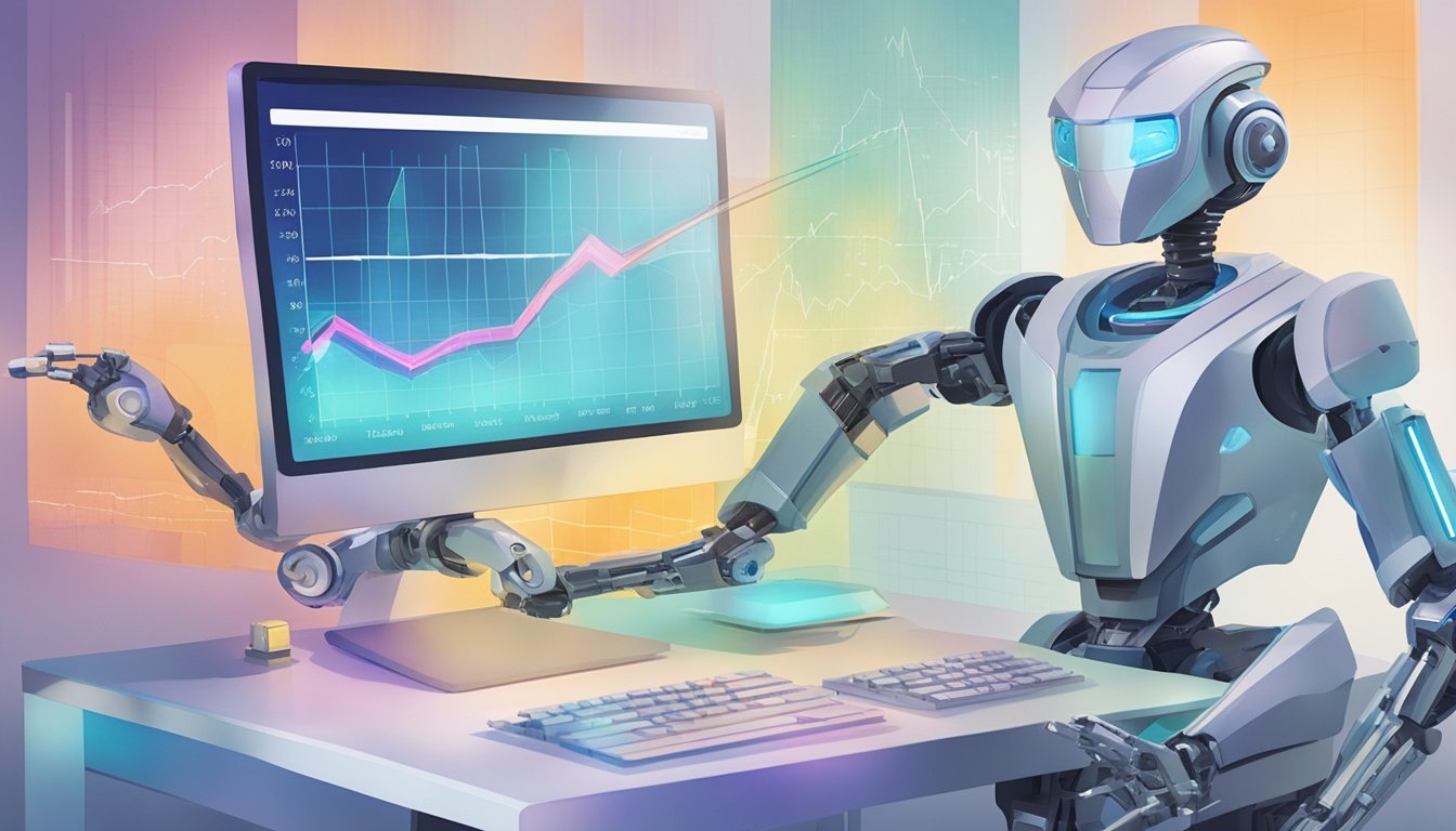 A computer screen displaying a graph of investment fees decreasing, while a robotic hand adjusts settings on a sleek, futuristic-looking robo-advisor platform