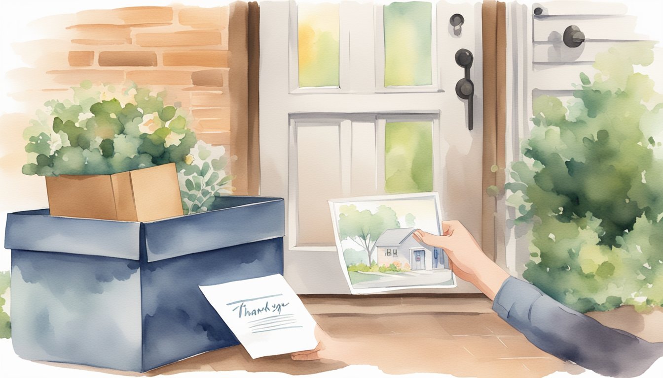 A hand places a personalized subscription box on a doorstep, with a thank-you note and a customer feedback card inside