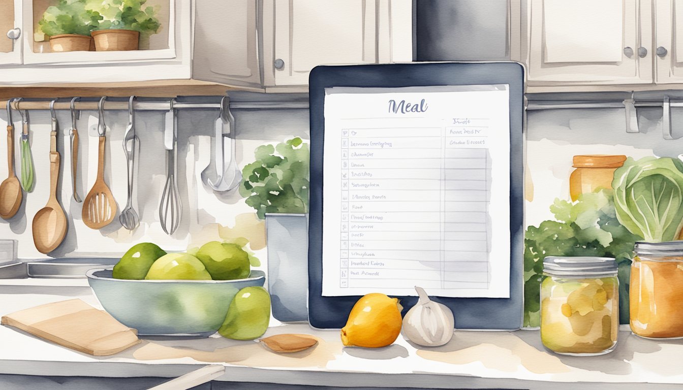 A kitchen counter with recipe books, fresh ingredients, and a tablet displaying personalized meal plans.</p><p>A chef's hat and apron hang on a hook nearby