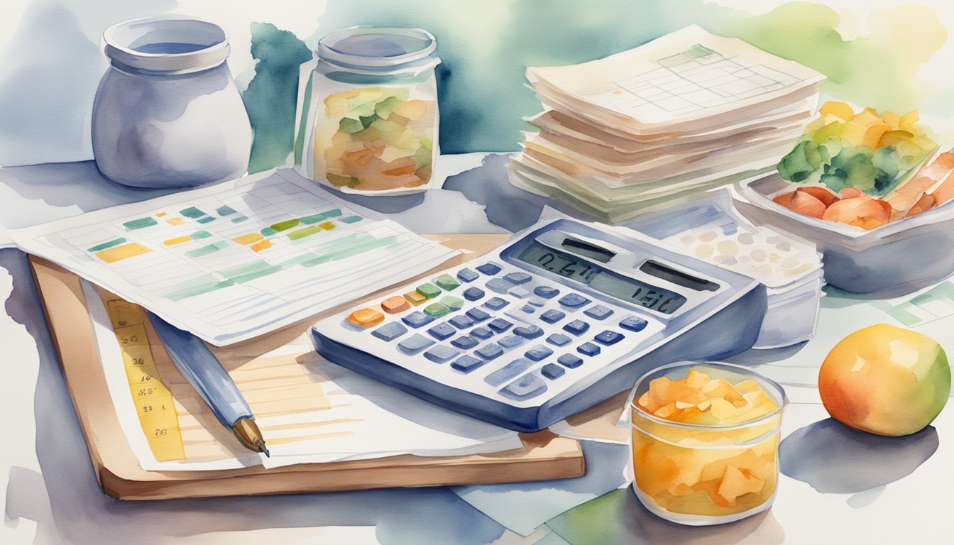 A table with meal plan charts, a calculator, and a stack of financial documents