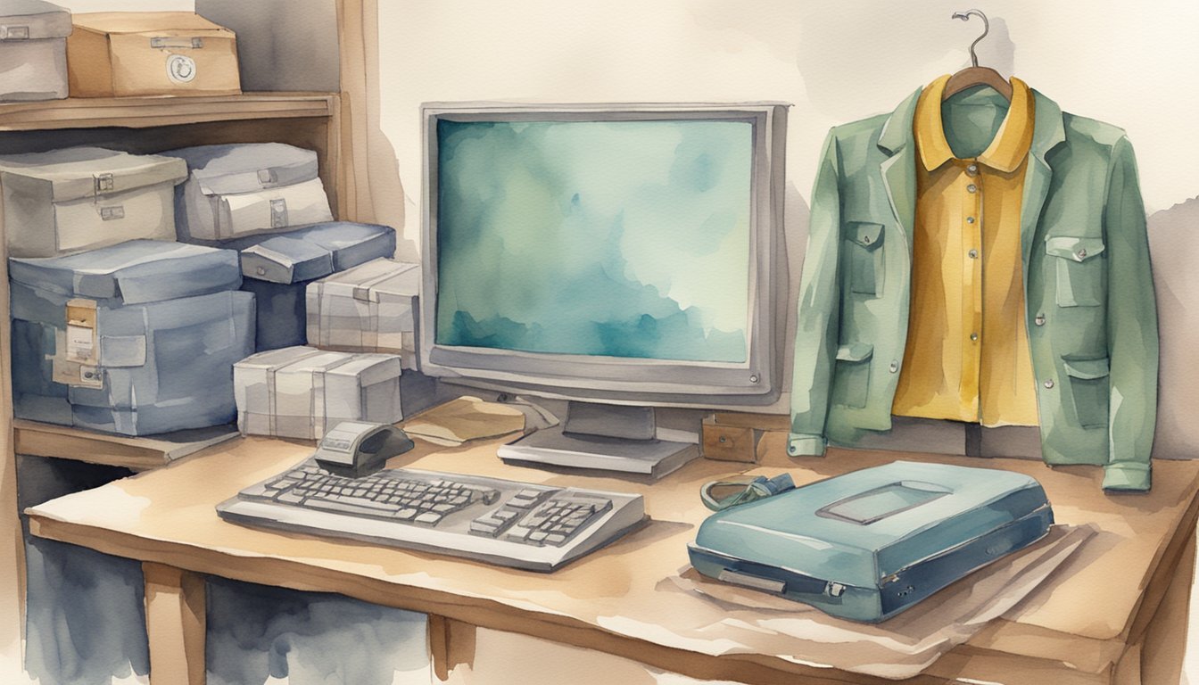 A computer with vintage clothing displayed on a website, surrounded by shipping supplies and a vintage clothing rack