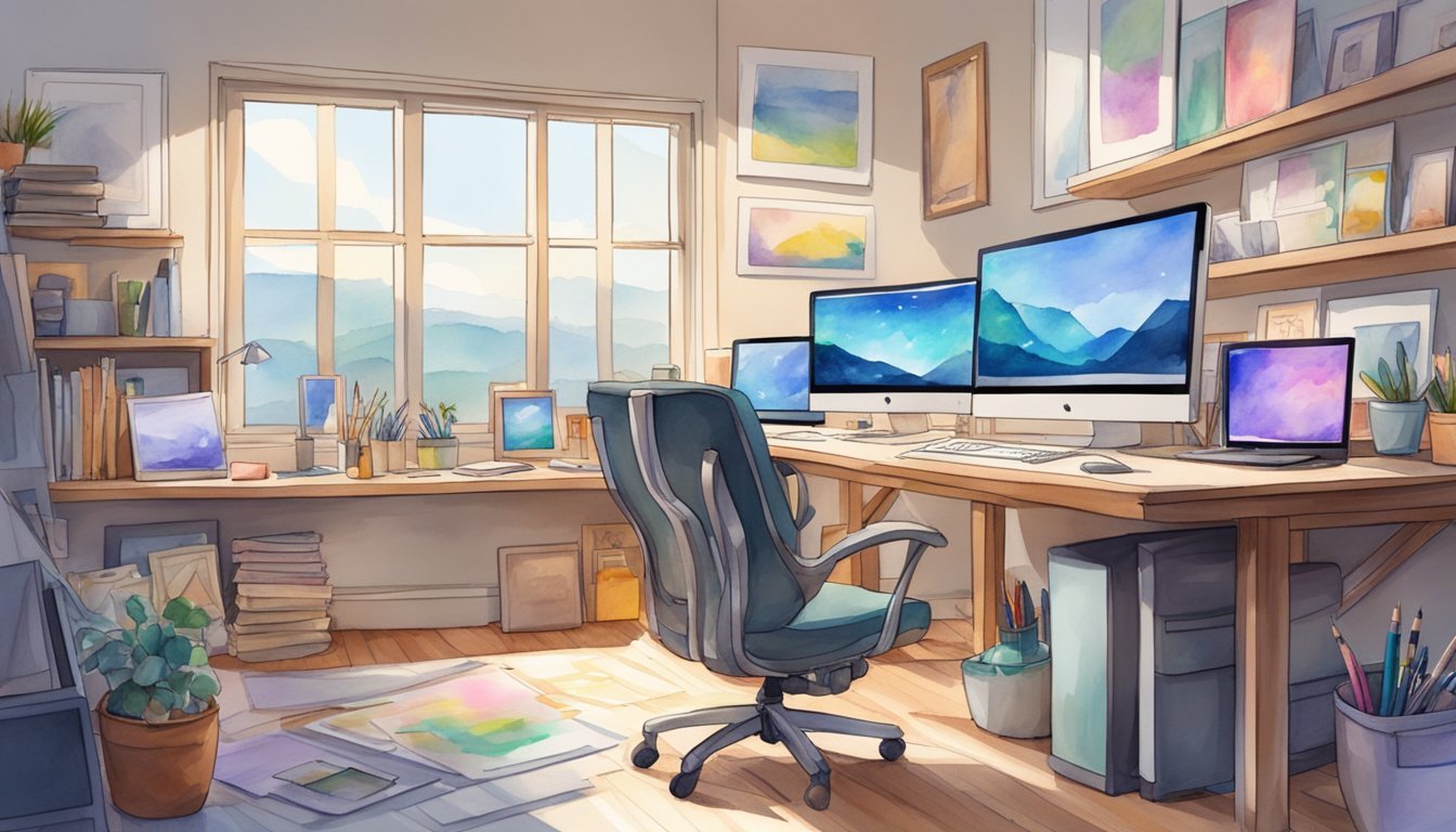 A computer with a digital drawing tablet, surrounded by art supplies and a stack of finished digital artworks.</p><p>The artist's desk is well-lit and organized, with a comfortable chair for long hours of creating