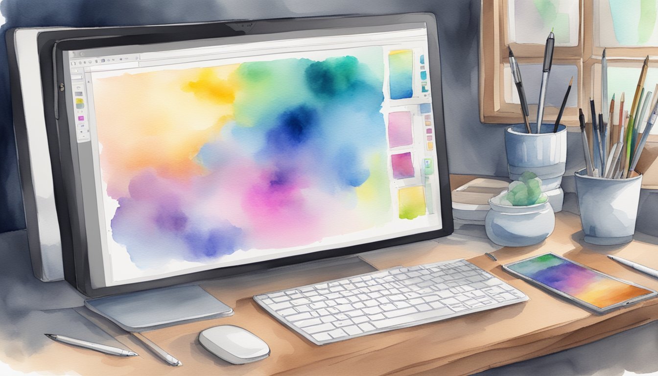 A computer with art software open, a stylus and tablet, and a finished digital artwork displayed on a screen