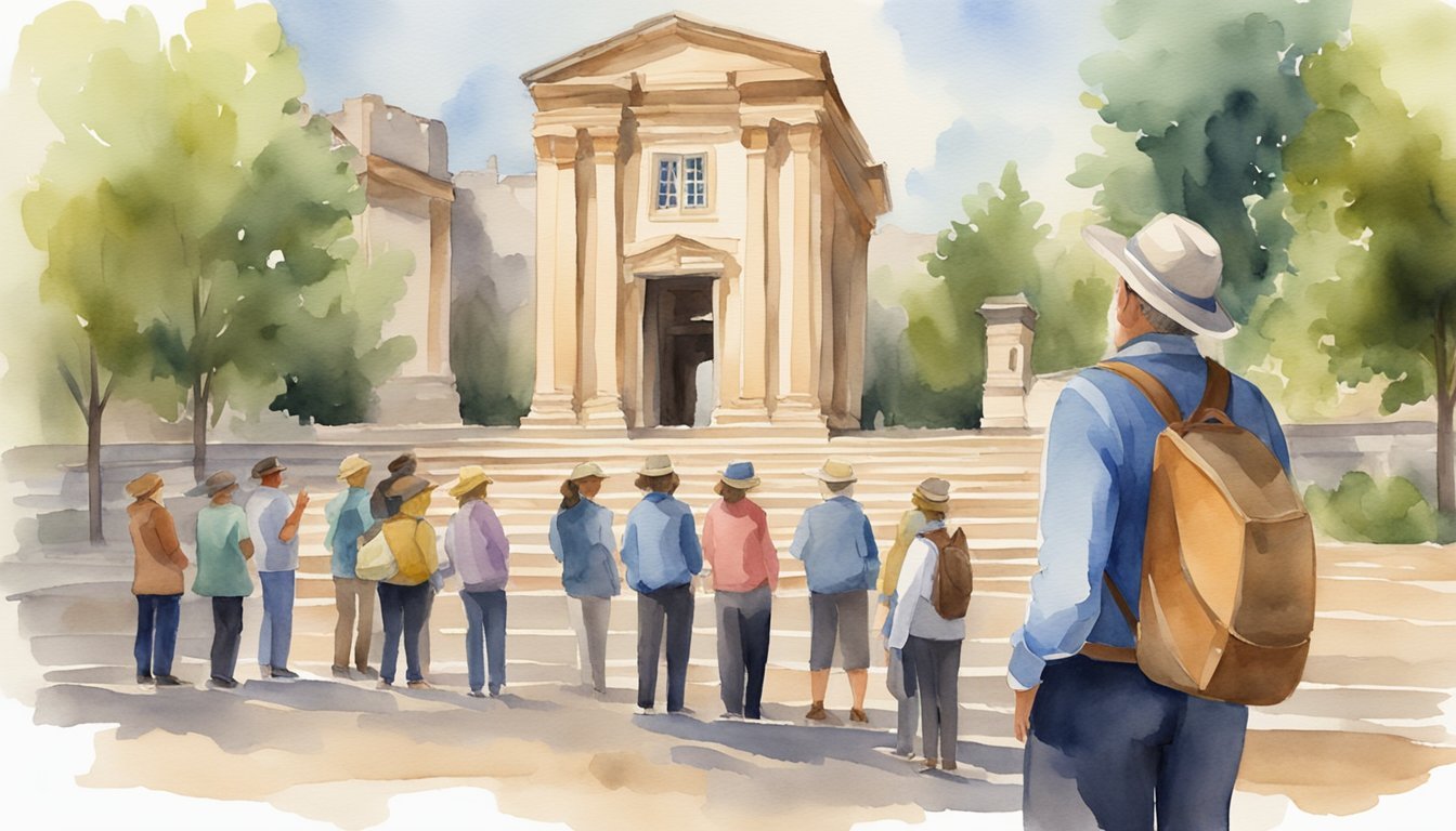 A local tour guide stands in front of a historic landmark, pointing and explaining its significance to a group of tourists