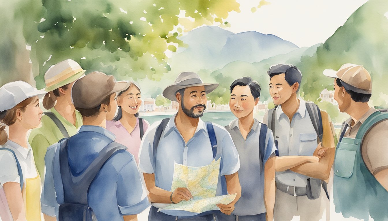 A local tour guide stands in front of a group of tourists, pointing to a map and answering their questions.</p><p>The group looks engaged and interested in the guide's explanations