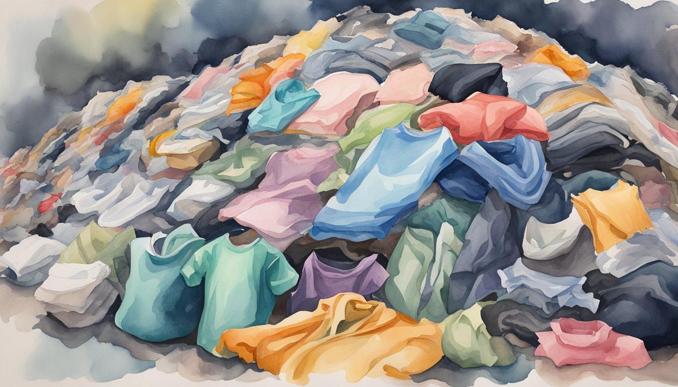 A pile of discarded clothing items sits in a landfill, while a few are being sorted and prepared for sustainable fashion reselling