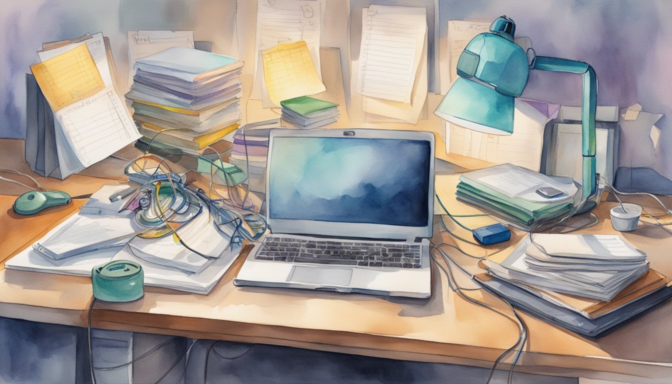 A cluttered desk with a laptop, headset, and tangled cords.</p><p>A phone with blinking lights and a notepad with scribbled notes.</p><p>A stack of manuals and a wall calendar with marked deadlines