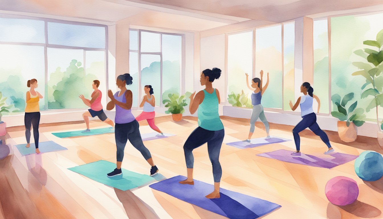 People in a virtual fitness class, following an instructor on a screen, with exercise equipment and yoga mats in a bright, spacious room