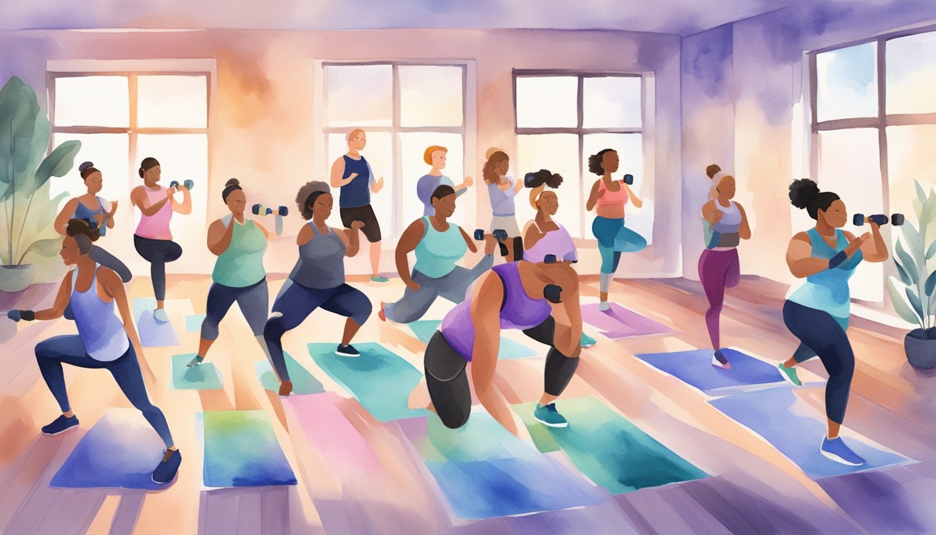 A diverse group of avatars participate in virtual fitness classes, surrounded by digital workout equipment and motivational messages