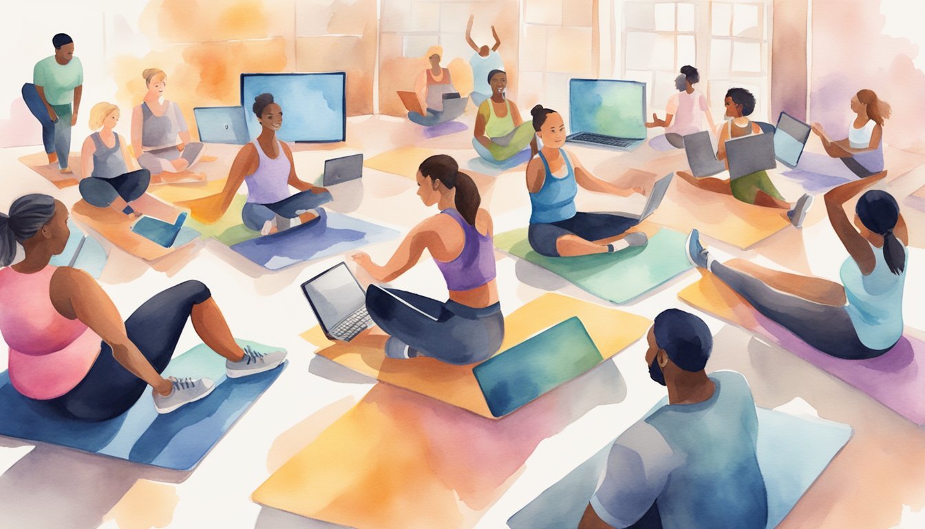 A diverse group of people engage in virtual fitness classes, utilizing various platforms such as laptops, tablets, and smartphones