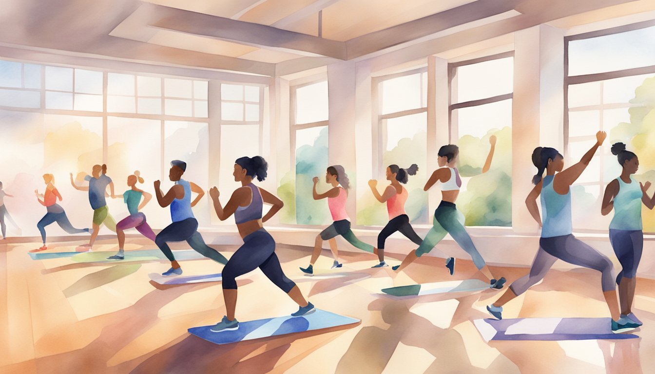 A virtual fitness class with a diverse group of participants setting and tracking their fitness goals using digital devices and workout equipment in a bright, spacious room