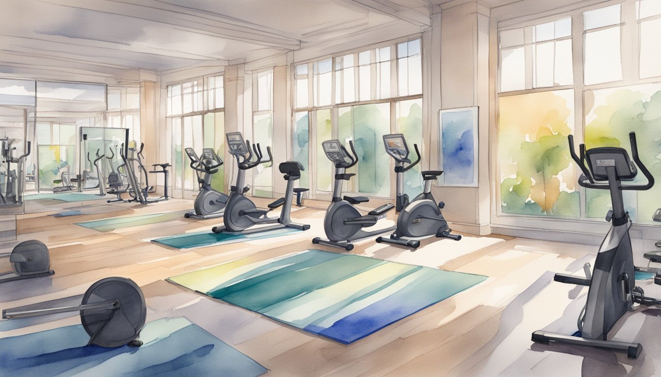 A spacious room with fitness equipment arranged for virtual classes.</p><p>Screens and cameras are set up for instructors to lead workouts