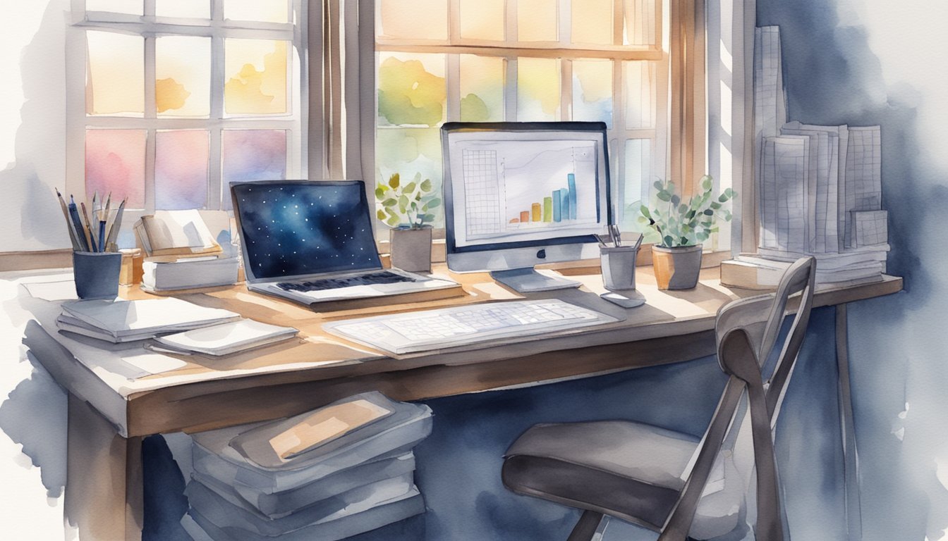 A desk with a computer, notebook, and charts.</p><p>A person working on data analysis.</p><p>Light from a window illuminates the workspace