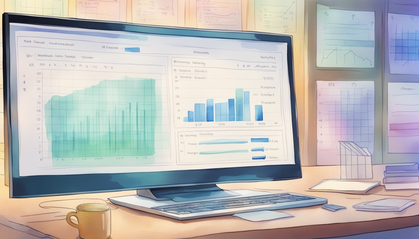 A computer screen displaying a list of questions with data charts and graphs in the background