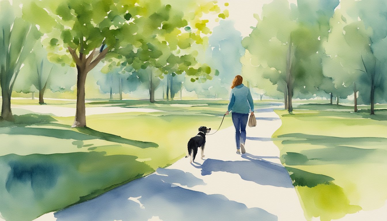 A dog happily walks alongside a pet sitter, leash in hand, through a green park with trees and a clear blue sky above