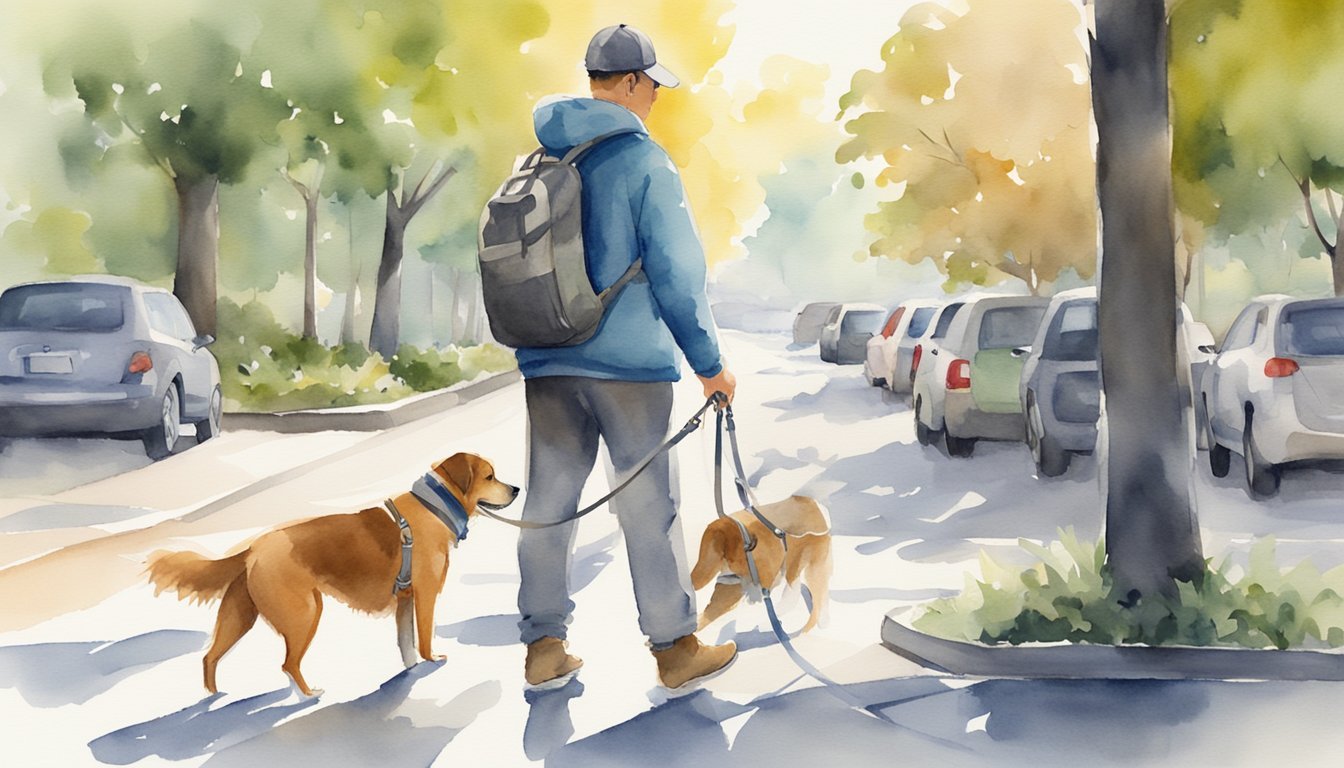 A dog walker secures a leash to a harness, checks the pet's identification tag, and prepares to take them for a walk