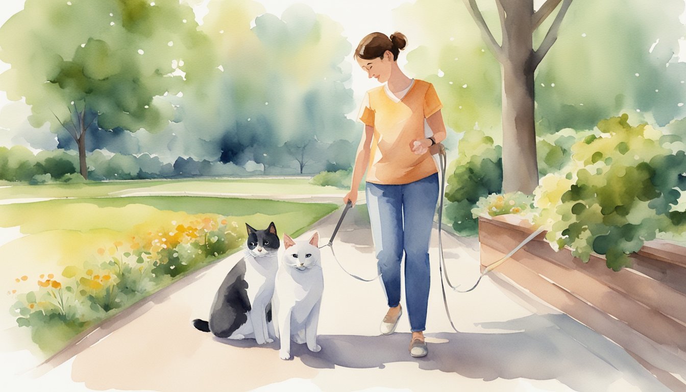 A caregiver walks a dog in a park, holding a leash and smiling.</p><p>Another caregiver feeds a cat in a cozy living room