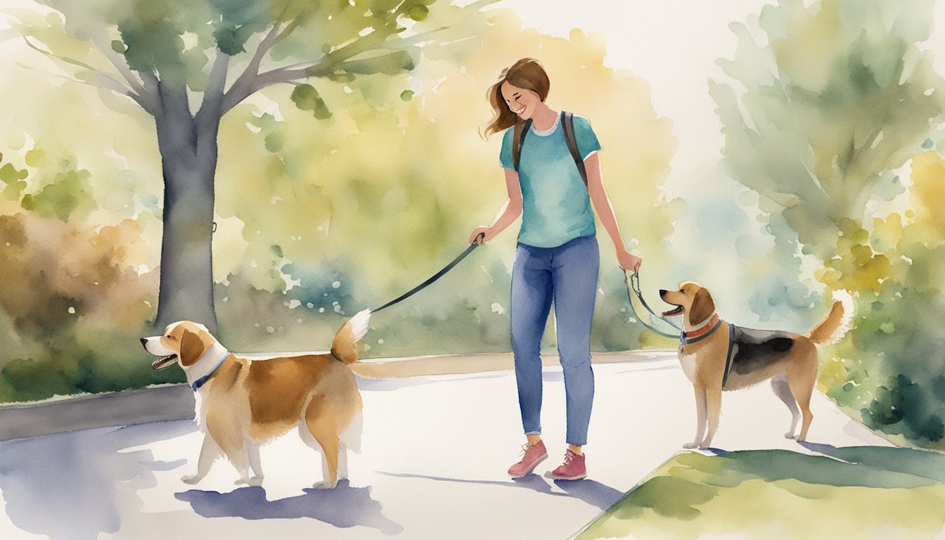 A dog happily sits beside a pet sitter, while a dog walker holds a leash with a wagging tail in the background