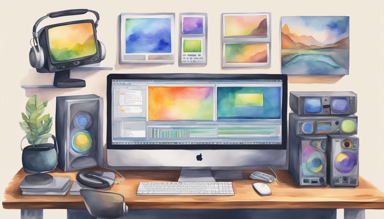 A desk with multiple computer monitors displaying various video genres.</p><p>Editing software open on the screen.</p><p>External hard drives and headphones on the desk