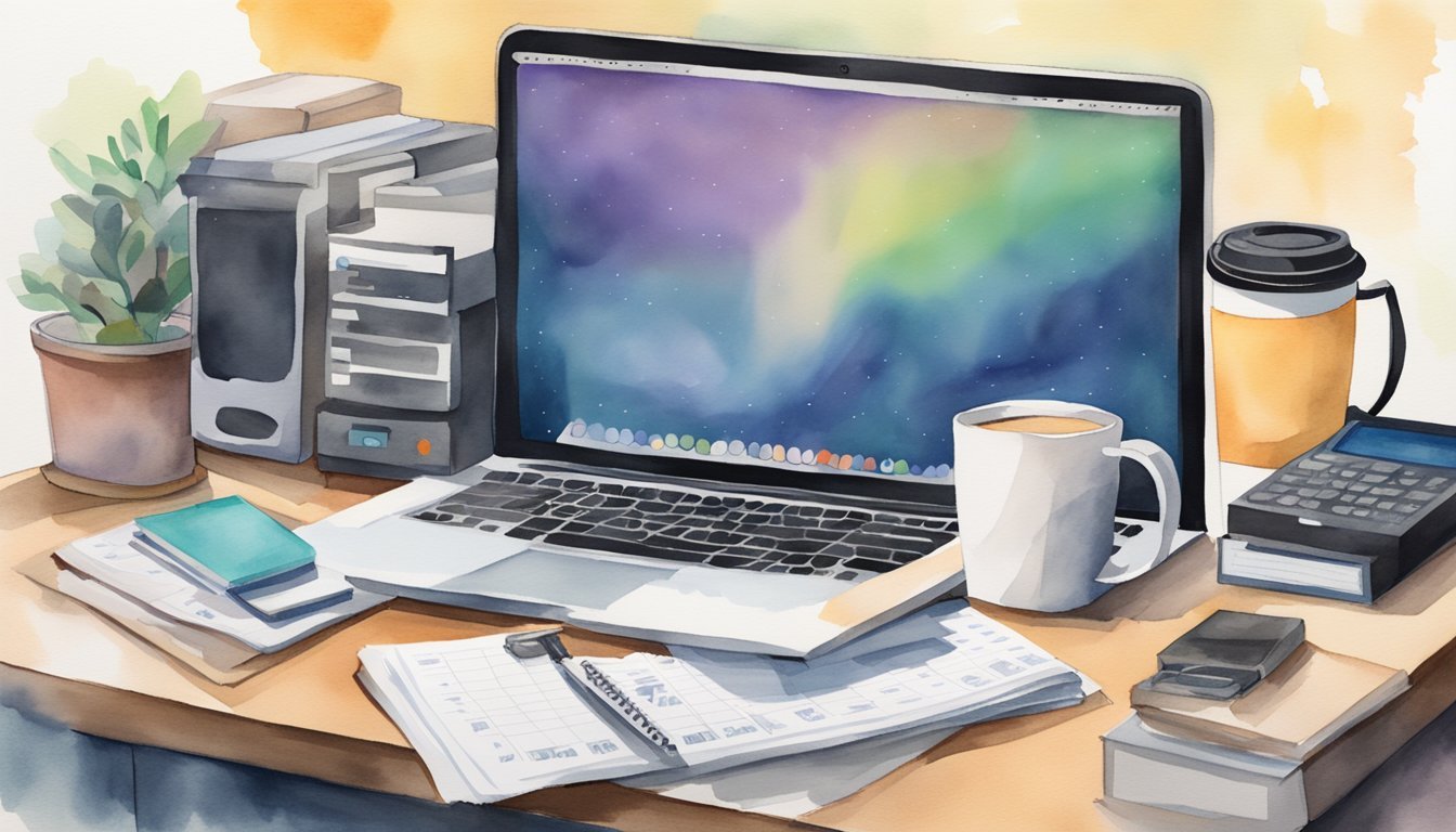 A cluttered desk with a computer, external hard drive, and video editing software.</p><p>A calendar with deadlines marked and a stack of invoices.</p><p>A coffee mug and headphones