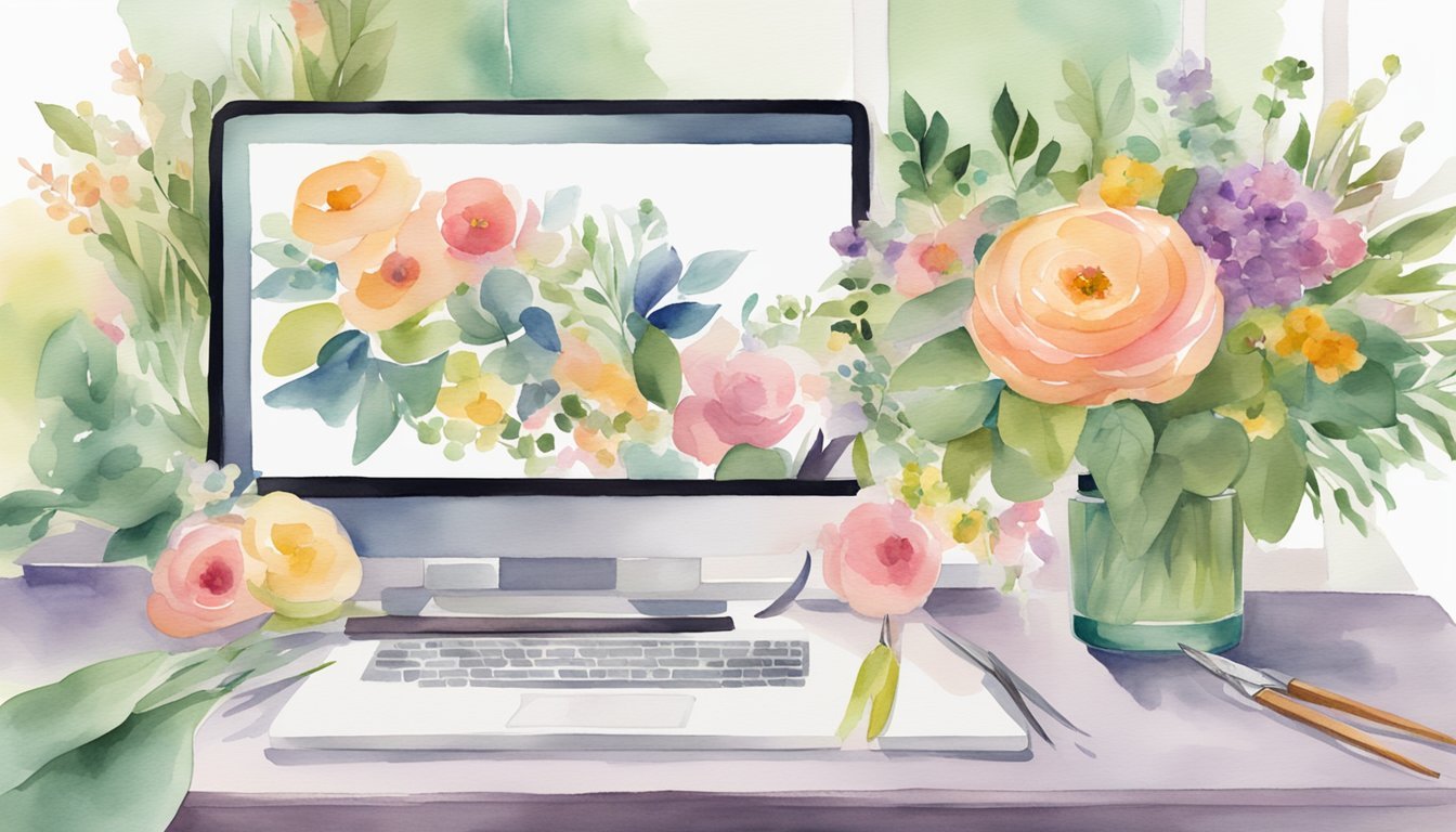 A computer screen showing a virtual flower arranging class with colorful blooms, greenery, and a pair of scissors on a table