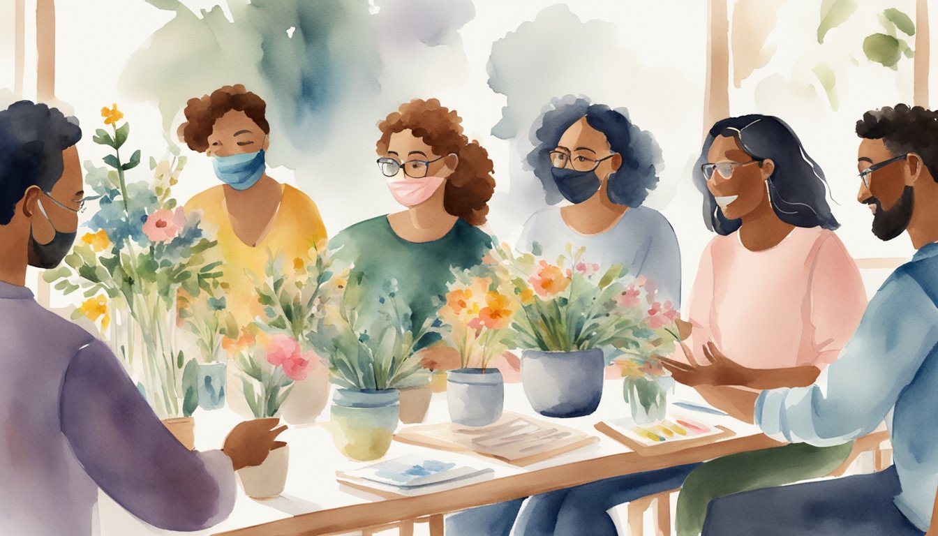 A group of diverse individuals join an online flower arranging class, engaging in lively discussions and sharing tips and techniques