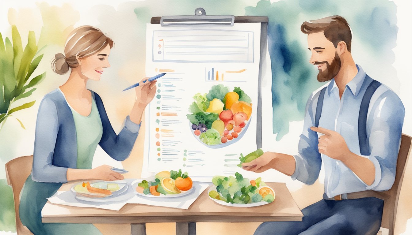 A nutritionist discussing personalized diet plans with a client, pointing to a chart of food groups and answering questions