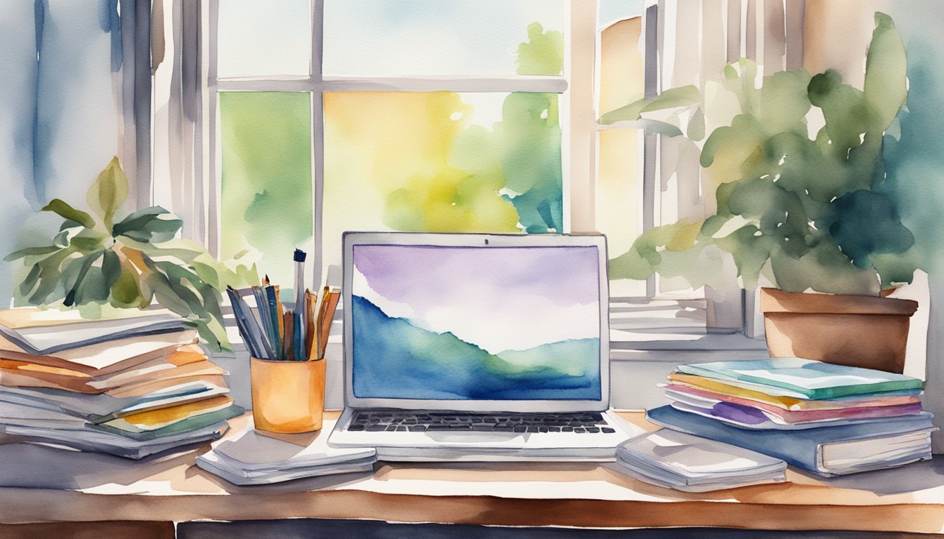 A cluttered desk with a laptop, notepad, and pen.</p><p>A stack of magazines with colorful covers.</p><p>A window with natural light