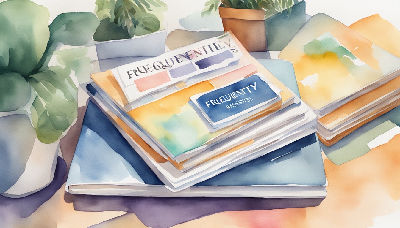 A stack of niche magazines with "Frequently Asked Questions" on the cover, surrounded by a laptop, notebook, and pen