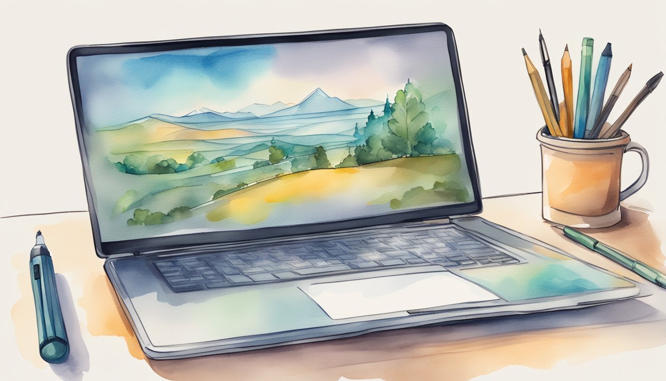 A laptop open on a desk with a stylus and drawing tablet.</p><p>A digital portrait displayed on the screen.</p><p>Social media icons and a website on the screen