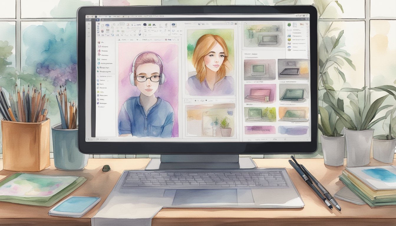 A computer with a digital drawing tablet and stylus, surrounded by various examples of custom digital portraits, displayed on a screen