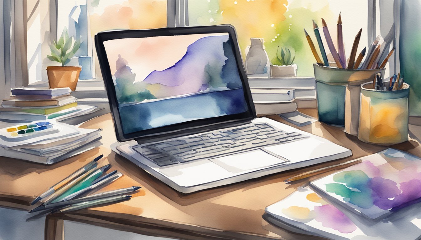 A laptop open on a desk, surrounded by art supplies and a sketchbook.</p><p>A digital tablet and stylus sit nearby.</p><p>A window lets in natural light, illuminating the creative workspace