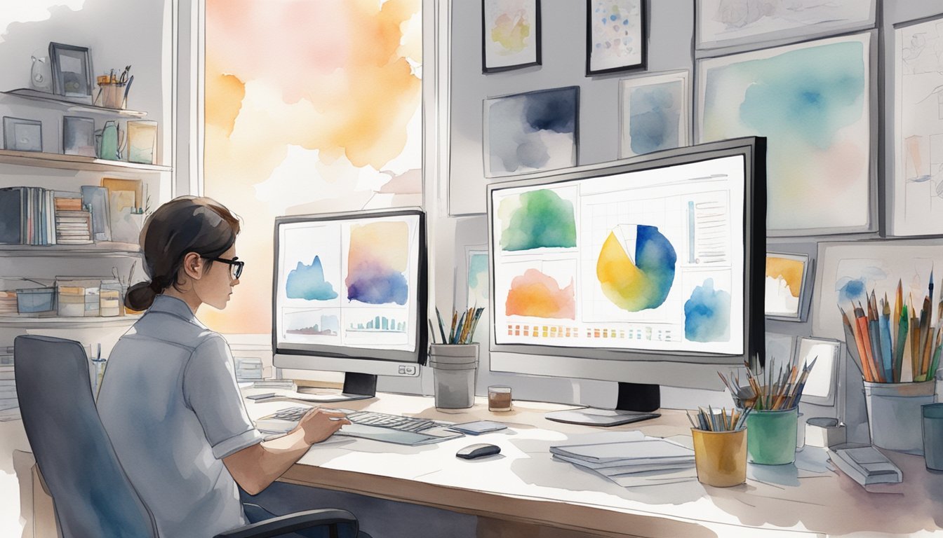 A digital artist sits at a desk, surrounded by computer screens and art supplies.</p><p>A graph on the wall shows increasing sales