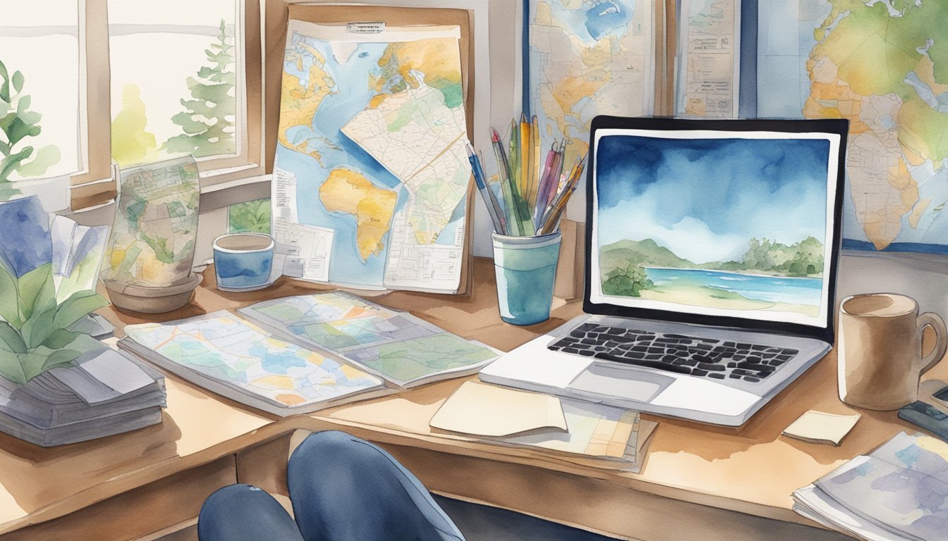 A person sitting at a desk with a laptop open, surrounded by travel guides, maps, and a notebook.</p><p>The laptop screen shows a virtual travel planning website