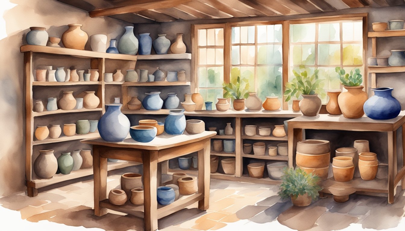 A rustic pottery studio with shelves filled with handmade ceramic pieces, a potter's wheel, and various tools for creating unique and functional art