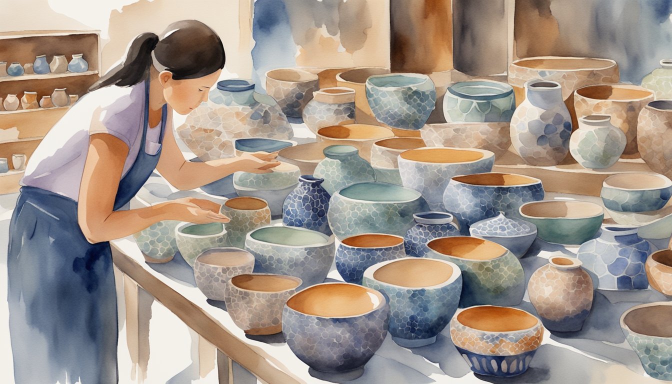 A person carefully choosing a handmade pottery piece from a display of various designs and sizes