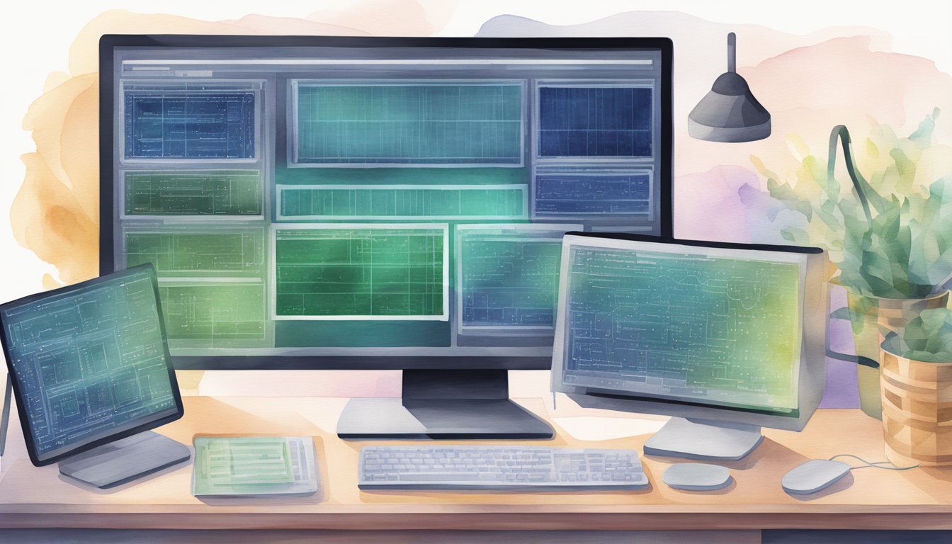 A computer with multiple screens displaying lines of code, a debugging tool open, and platform-specific development software running