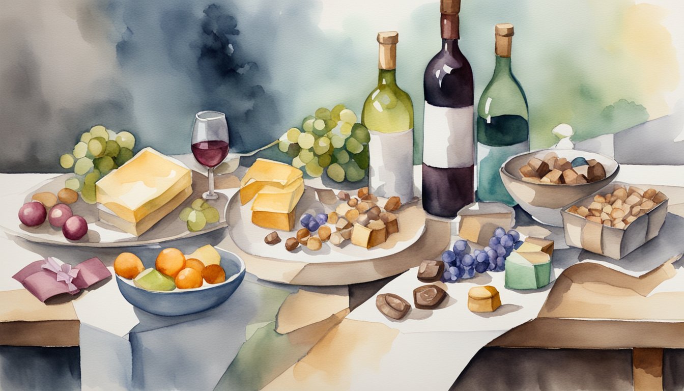 A table with various items arranged: wine bottle, chocolates, gourmet snacks, and decorative fillers.</p><p>Ribbons and wrapping materials nearby