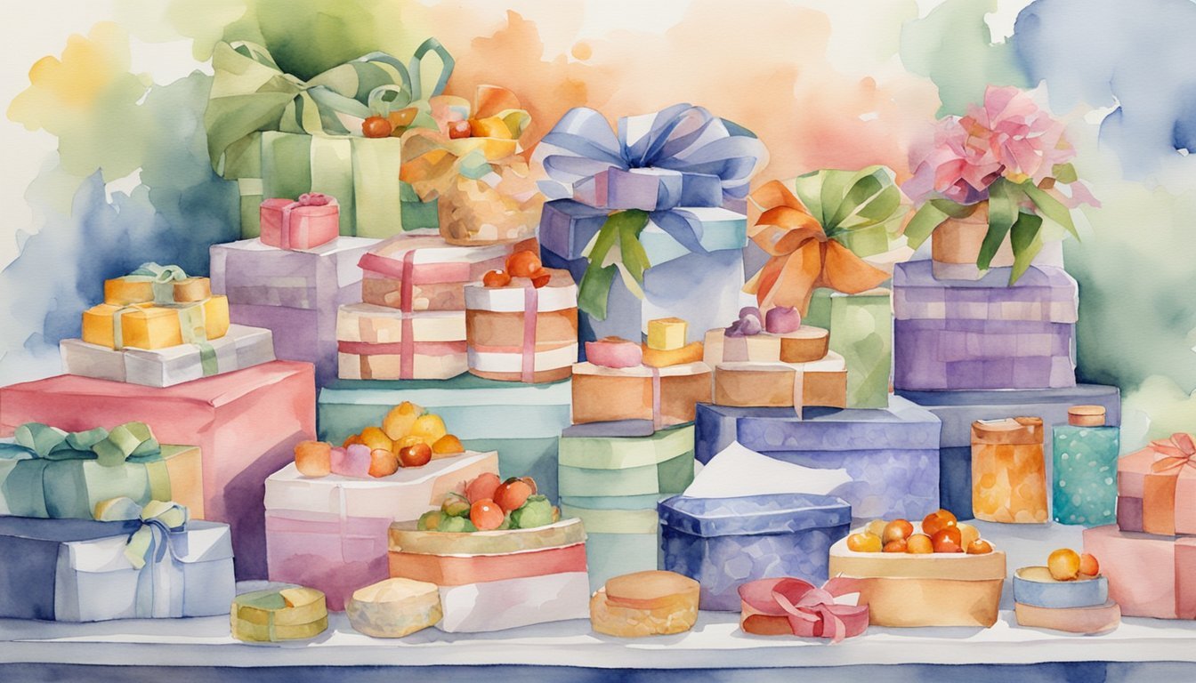 A table is covered in colorful wrapping paper, ribbons, and baskets.</p><p>A variety of items such as gourmet foods, spa products, and trinkets are being arranged and organized